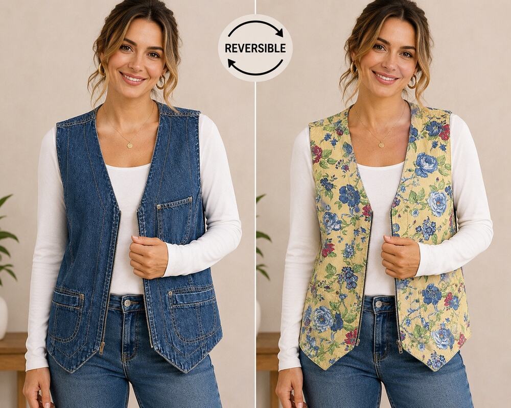 Women’s Reversible Denim Floral Vest Blue Yellow Cottagecore Utility Pocket Zip